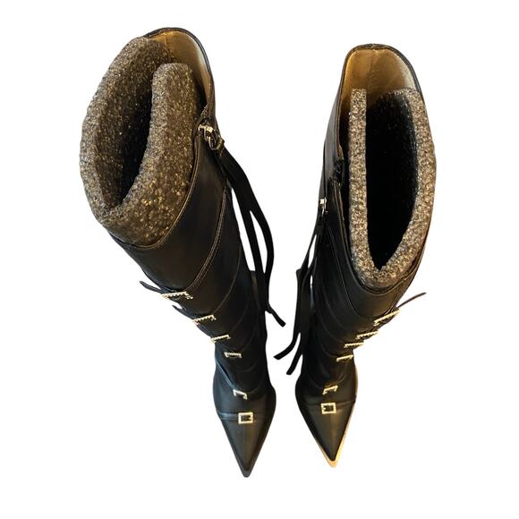 God Save Queens Rendezvous Embellished Boots Knee High Pointed Toe Black Sz EU39 - Picture 6 of 16